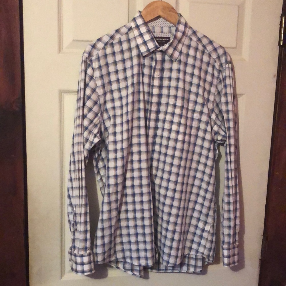 Johnston & Murphy White Blue Brown Graphic Plaid Button Down Shirt Mens Large L